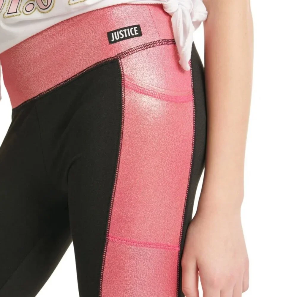 JUSTICE Side Shine Shiny Leggings GIRLS SIZE M 10 Black Pink NEW